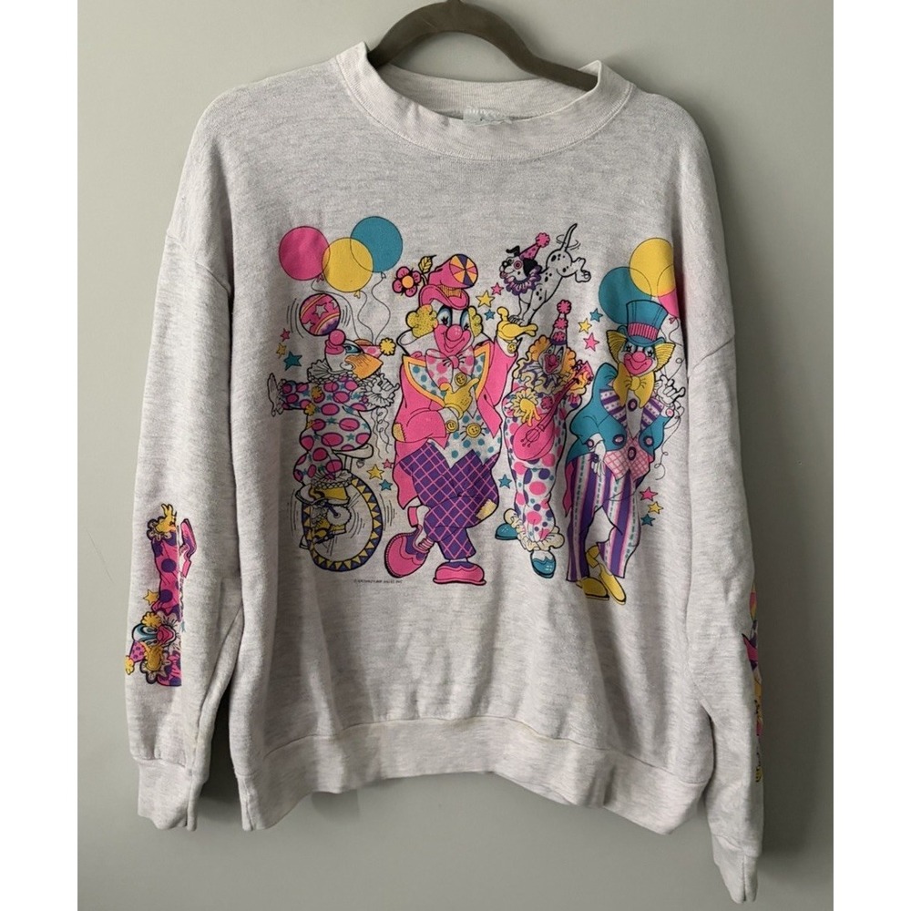 VTG 80s Clown Mock NeckSweatshirt Size XL Neon Whimsical Painted Scary Horror
